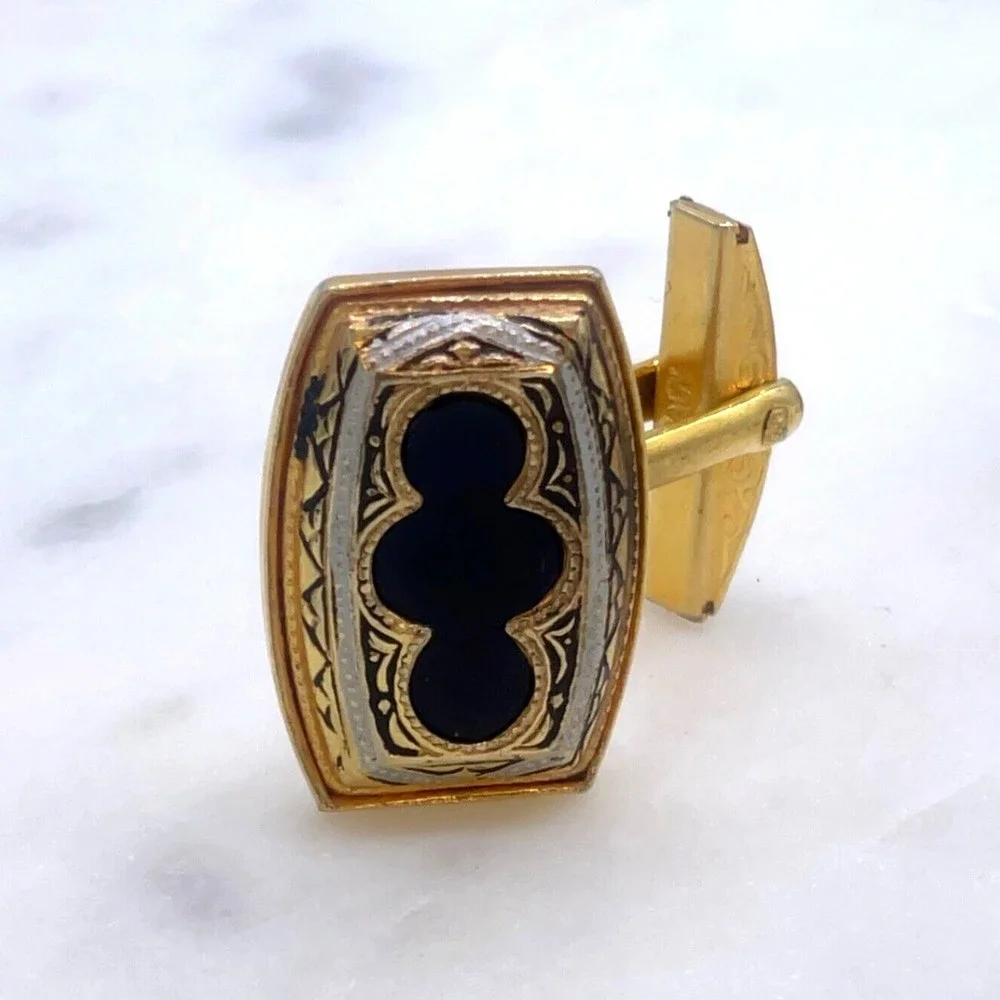Vintage Damascene Etched Black Gold Tone Stamped Spain Whale Back Cufflinks